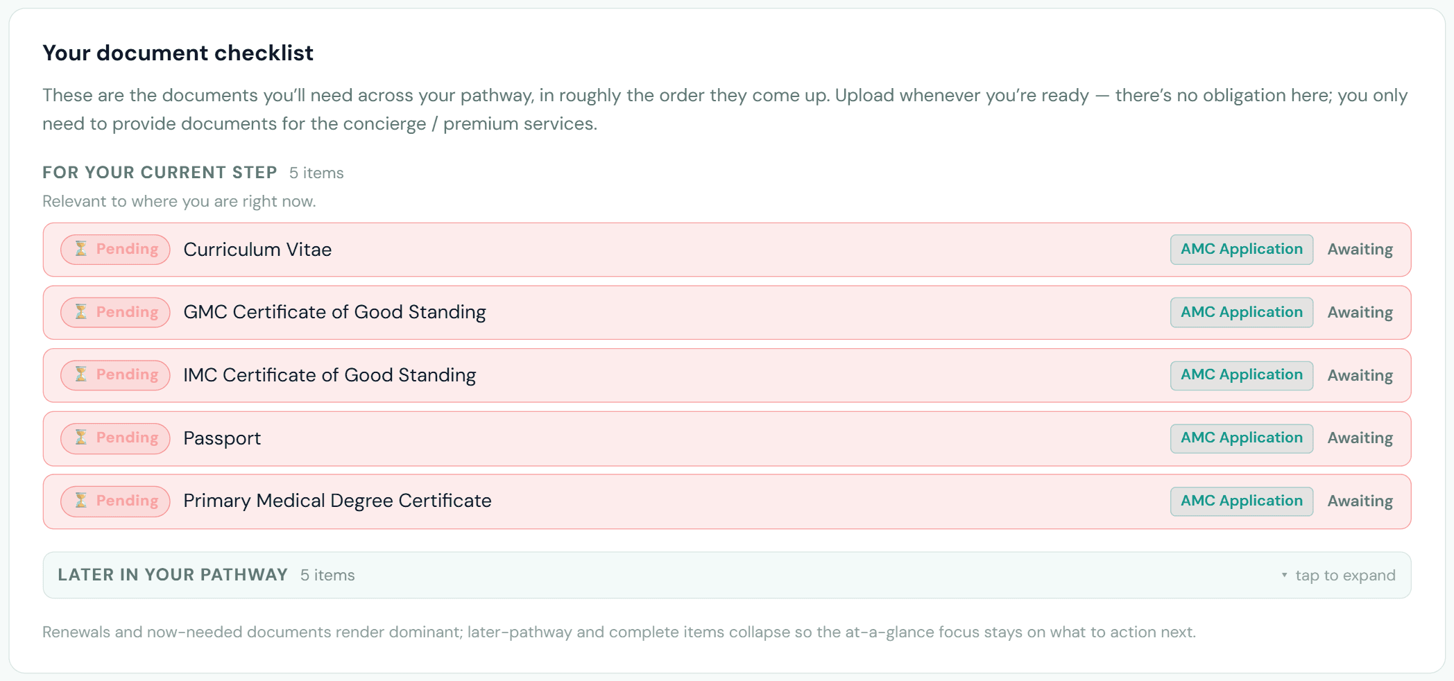 Doctor Pathways Australia account: document checklist showing CV, certificates of good standing, passport and degree certificate each tagged with the pathway step that needs them